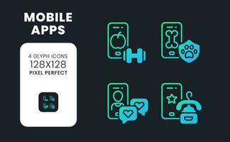 Mobile apps blue solid gradient desktop icons. Customer engagement. Influencer marketing. Pixel perfect 128x128, outline 4px. Glyph pictograms kit for dark theme. Isolated vector images