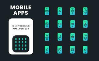 Mobile apps blue solid gradient desktop icons. Smartphone software. Market analytics. Online tools. Pixel perfect, outline 4px. Glyph pictograms kit for dark theme. Isolated vector images