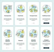 Costs of living onboarding mobile app screen set. Money expense walkthrough 4 steps editable graphic instructions with linear concepts. UI, UX, GUI templated vector