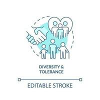 Diversity and tolerance turquoise concept icon. GCED issue. Multiculturalism abstract idea thin line illustration. Isolated outline drawing. Editable stroke vector