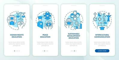 GCED experiences from blue onboarding mobile app screen. Disciplines walkthrough 4 steps editable graphic instructions with linear concepts. UI, UX, GUI templated vector