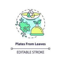 Plates from leaves concept icon. Recyclable food packaging. Zero waste. Disposable tableware idea thin line illustration. Isolated outline drawing. Editable stroke vector