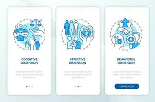 GCED domains of learning blue onboarding mobile app screen. Walkthrough 3 steps editable graphic instructions with linear concepts. UI, UX, GUI templated vector