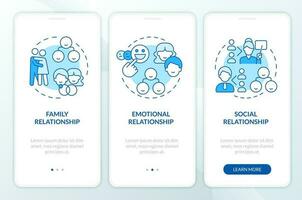 Genograms information blue onboarding mobile app screen. Walkthrough 3 steps editable graphic instructions with linear concepts. UI, UX, GUI templated vector