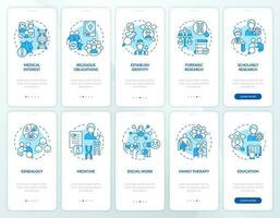 Family tree usage blue onboarding mobile app screen set. Walkthrough 5 steps editable graphic instructions with linear concepts. UI, UX, GUI templated vector
