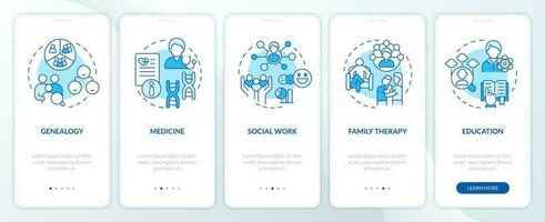 Genograms usage blue onboarding mobile app screen. Relationships. Walkthrough 5 steps editable graphic instructions with linear concepts. UI, UX, GUI templated vector