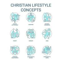 Christian lifestyle turquoise concept icons set. Culture of faith and religion. Worship idea thin line color illustrations. Isolated symbols. Editable stroke vector