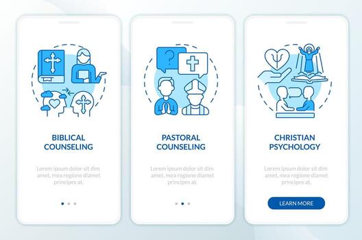 Christian counseling blue onboarding mobile app screen. Support walkthrough 3 steps editable graphic instructions with linear concepts. UI, UX, GUI templated vector