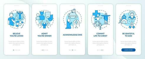 Becoming Christian blue onboarding mobile app screen. Faith walkthrough 5 steps editable graphic instructions with linear concepts. UI, UX, GUI templated vector
