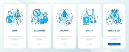 Christian beliefs blue onboarding mobile app screen. Statements walkthrough 5 steps editable graphic instructions with linear concepts. UI, UX, GUI templated vector