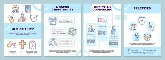 Christianity blue brochure template. Culture of faith. Leaflet design with linear icons. Editable 4 vector layouts for presentation, annual reports