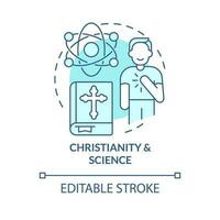 Christianity and science turquoise concept icon. Progress. Innovative religion abstract idea thin line illustration. Isolated outline drawing. Editable stroke vector