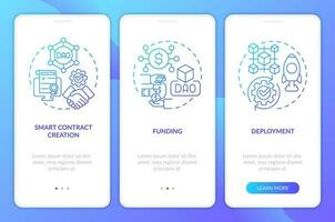 DAO lunch stages blue gradient onboarding mobile app screen. Technology walkthrough 3 steps graphic instructions with linear concepts. UI, UX, GUI templated vector