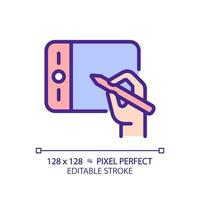 Hand with graphic tablet pixel perfect RGB color icon. Designer instrument. Digital device for artworks creation. Isolated vector illustration. Simple filled line drawing. Editable stroke