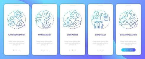 DAO characteristics blue gradient onboarding mobile app screen. Business walkthrough 5 steps graphic instructions with linear concepts. UI, UX, GUI templated vector