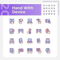 Hands with devices pixel perfect RGB color icons set. User with electronic gadgets. Digital technology. Isolated vector illustrations. Simple filled line drawings collection. Editable stroke