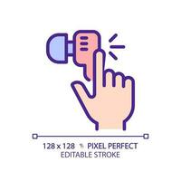 Hand with earphone pixel perfect RGB color icon. Finger tapping key on audio device. Wireless gadget for music listening. Isolated vector illustration. Simple filled line drawing. Editable stroke