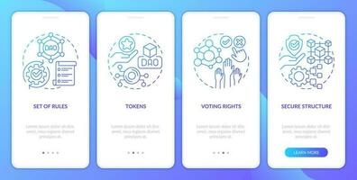 DAO elements blue gradient onboarding mobile app screen. Digital network walkthrough 4 steps graphic instructions with linear concepts. UI, UX, GUI templated vector
