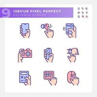 Hands holding electronic gadgets pixel perfect RGB color icons set. Digital equipment usage. Technology for life. Isolated vector illustrations. Simple filled line drawings collection. Editable stroke