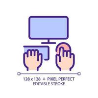 Hands with computer pixel perfect RGB color icon. Person working on PC. Electronic equipment for work and hobby. Isolated vector illustration. Simple filled line drawing. Editable stroke