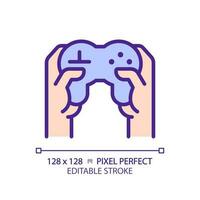 Hands with controller pixel perfect RGB color icon. Person playing video game with joystick. Technology of amusement. Isolated vector illustration. Simple filled line drawing. Editable stroke