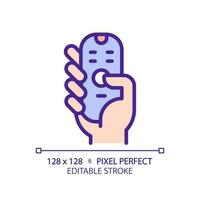 Hand with remote control pixel perfect RGB color icon. Digital device with keys. Contactless infrared gadget. Isolated vector illustration. Simple filled line drawing. Editable stroke