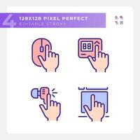 Hands pressing keys on devices pixel perfect RGB color icons set. Electronic gadgets usage. Equipment control. Isolated vector illustrations. Simple filled line drawings collection. Editable stroke