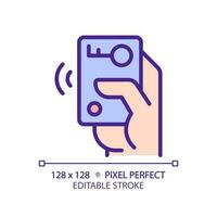 Hand with car remote starter pixel perfect RGB color icon. Wireless automobile key. Digital card. Innovative technology. Isolated vector illustration. Simple filled line drawing. Editable stroke