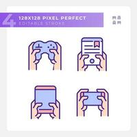 Hands with amusing gadgets pixel perfect RGB color icons set. Digital devices for entertainment. Electronics. Isolated vector illustrations. Simple filled line drawings collection. Editable stroke