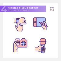 Hands with different devices pixel perfect RGB color icons set. Digital technology. Gadget usage purposes. Isolated vector illustrations. Simple filled line drawings collection. Editable stroke