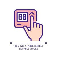 Hand with thermostat pixel perfect RGB color icon. Adjusting temperature on control panel. Home appliance. Isolated vector illustration. Simple filled line drawing. Editable stroke
