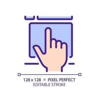 Hand with touchpad pixel perfect RGB color icon. Finger touching controller surface. Digital technology development. Isolated vector illustration. Simple filled line drawing. Editable stroke