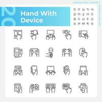 Hands with devices pixel perfect linear icons set. User with electronic gadgets. Digital technology integration. Customizable thin line symbols. Isolated vector outline illustrations. Editable stroke