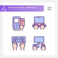 Hands using devices pixel perfect RGB color icons set. Opportunity for technology users. Computing development. Isolated vector illustrations. Simple filled line drawings collection. Editable stroke