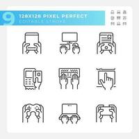 Hands using gadgets pixel perfect linear icons set. Technology of business and entertainment. Hardware user. Customizable thin line symbols. Isolated vector outline illustrations. Editable stroke
