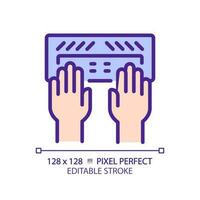 Hands with Braille keyboard pixel perfect RGB color icon. Equipment for users with eyesight problems. Blind support. Isolated vector illustration. Simple filled line drawing. Editable stroke