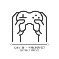 Hands with controller pixel perfect linear icon. Person playing video game with joystick. Technology of amusement. Thin line illustration. Contour symbol. Vector outline drawing. Editable stroke