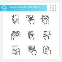 Hands holding electronic gadgets pixel perfect linear icons set. Digital equipment usage. Technology for life. Customizable thin line symbols. Isolated vector outline illustrations. Editable stroke