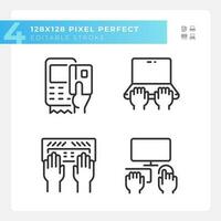 Hands using devices pixel perfect linear icons set. Opportunity for technology users. Computing development. Customizable thin line symbols. Isolated vector outline illustrations. Editable stroke