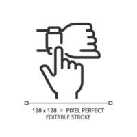 Hand with smart watch pixel perfect linear icon. Digital wristwatch with useful appliances. Personal device. Thin line illustration. Contour symbol. Vector outline drawing. Editable stroke