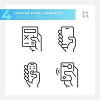 Hands with mobile devices pixel perfect linear icons set. Appliances for control and communication. Customizable thin line symbols. Isolated vector outline illustrations. Editable stroke