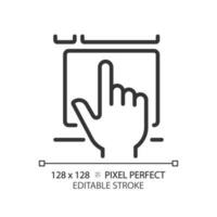 Hand with touchpad pixel perfect linear icon. Finger touching controller surface. Digital technology development. Thin line illustration. Contour symbol. Vector outline drawing. Editable stroke
