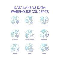 datos lago vs datos almacén azul degradado concepto íconos colocar. información almacenamiento. analítica idea Delgado línea color ilustraciones. aislado símbolos vector