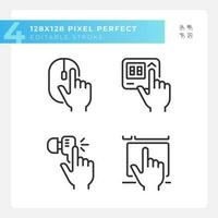 Hands pressing keys on devices pixel perfect linear icons set. Electronic gadgets usage. Equipment control. Customizable thin line symbols. Isolated vector outline illustrations. Editable stroke