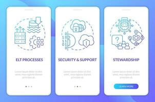 Data lake architecture components blue gradient mobile app screen. Walkthrough 3 steps graphic instructions with linear concepts. UI, UX, GUI templated vector