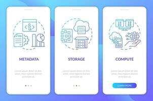 datos lago y almacén azul degradado móvil aplicación pantalla. diferencias recorrido 3 pasos gráfico instrucciones con lineal conceptos. ui, ux, gui plantilla vector