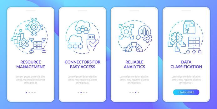 Data lake architecture blue gradient mobile app screen. Digital storage. Walkthrough 4 steps graphic instructions with linear concepts. UI, UX, GUI templated vector