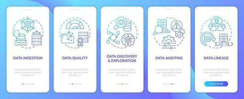 Data lake key concepts blue gradient mobile app screen. Technology. Walkthrough 5 steps graphic instructions with linear concepts. UI, UX, GUI templated vector