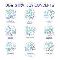 dei estrategia en lugar de trabajo azul degradado concepto íconos colocar. apoyo diversidad, capital y inclusión idea Delgado línea color ilustraciones. aislado símbolos vector