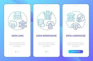 Data repositories blue gradient mobile app screen. Digital storage walkthrough 3 steps graphic instructions with linear concepts. UI, UX, GUI templated vector